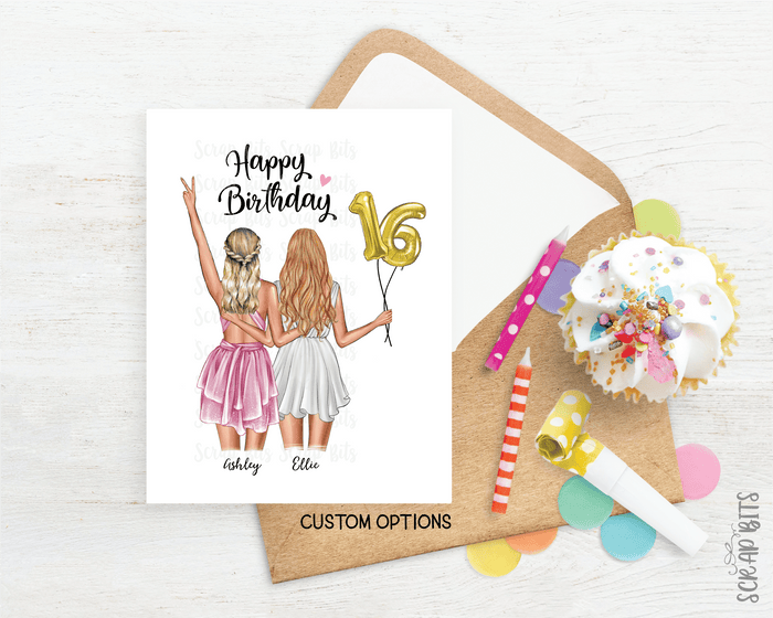 16th Birthday Card for Best Friend, ANY Age Foil Number Balloons, Custom Girl Birthday Portrait Card - Scrap Bits