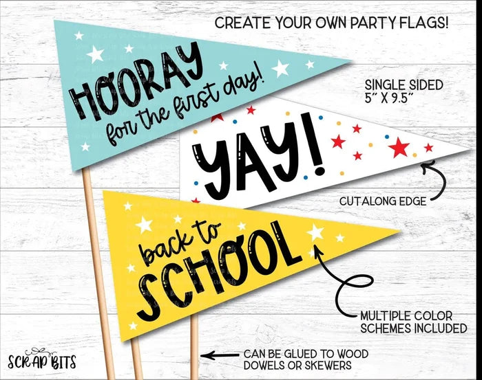 1st Day of School Printable Pennant Flags Bundle, Hooray, Yay . Instant Download - Scrap Bits