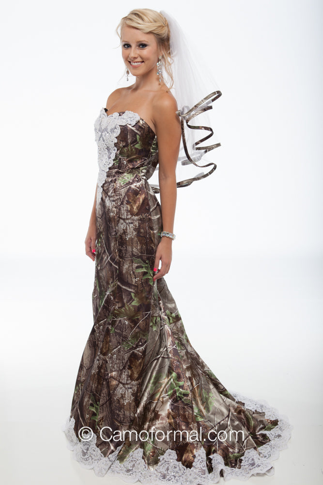 3887 "Ellen" Camo Mermaid Wedding Gown, Lace & Sweep Train
