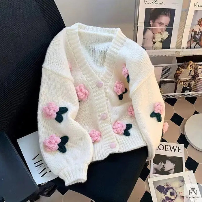 3D Flower Knitted Loose Cardigan Top - Fashionnsio