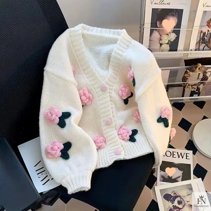 3D Flower Knitted Loose Cardigan Top - Fashionnsio