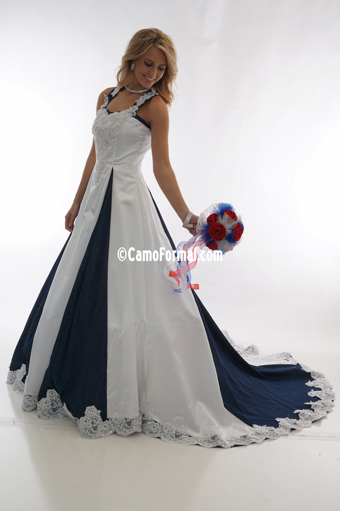 8890 Denim and Camo A-Line Halter Wedding Gown