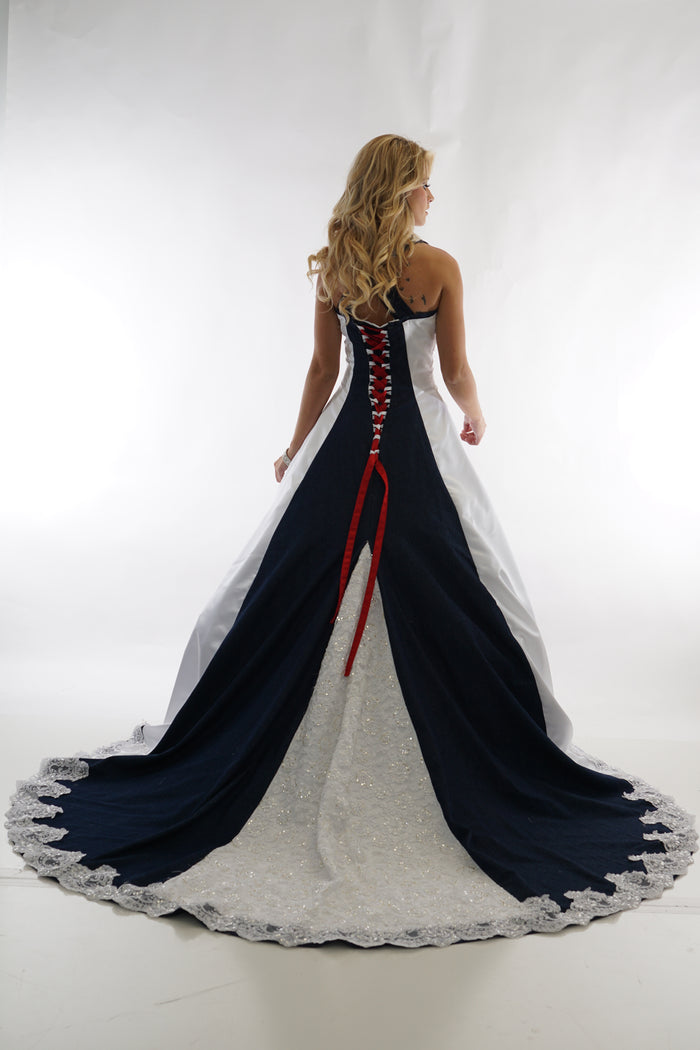 8890 Denim and Camo A-Line Halter Wedding Gown