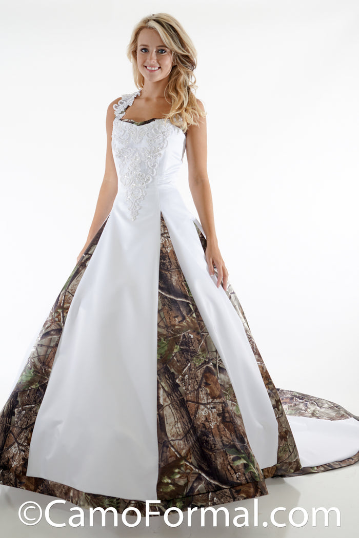 8890 Denim and Camo A-Line Halter Wedding Gown