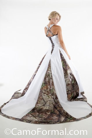 8890 Denim and Camo A-Line Halter Wedding Gown