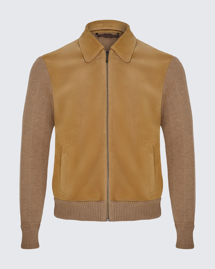 Alexander Knit and Suede Bomber Jacket Camel