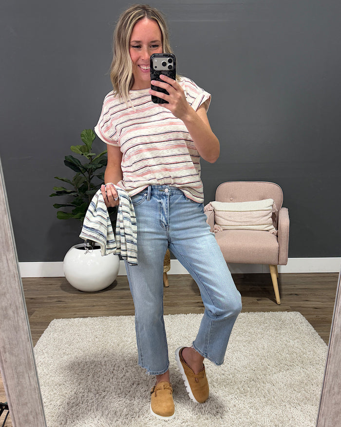 Alicia Striped Slub Knit Top - Jade Staccato