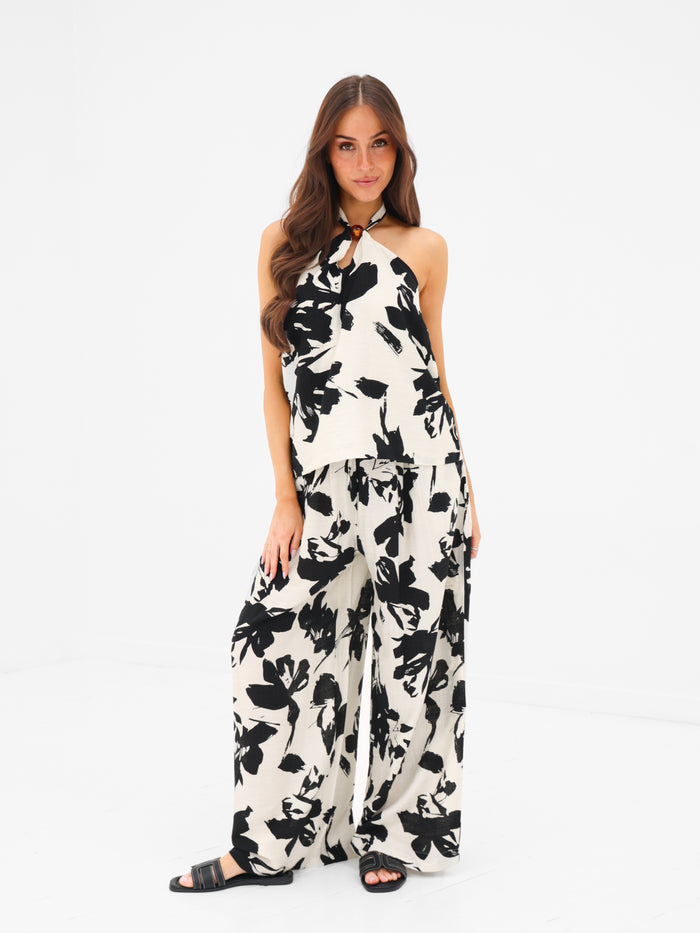 Alora Beaded Halter Neck Top - Black & White