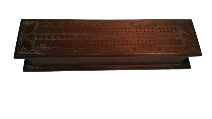 Antique Tramp Art Walnut Cribbage Board Box - Wainfleet Trading Post