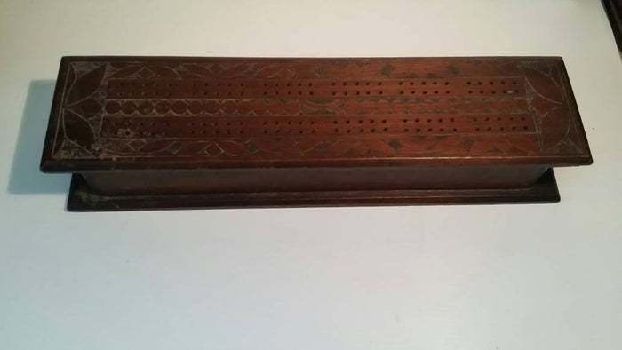 tramp art walnut cribbage box