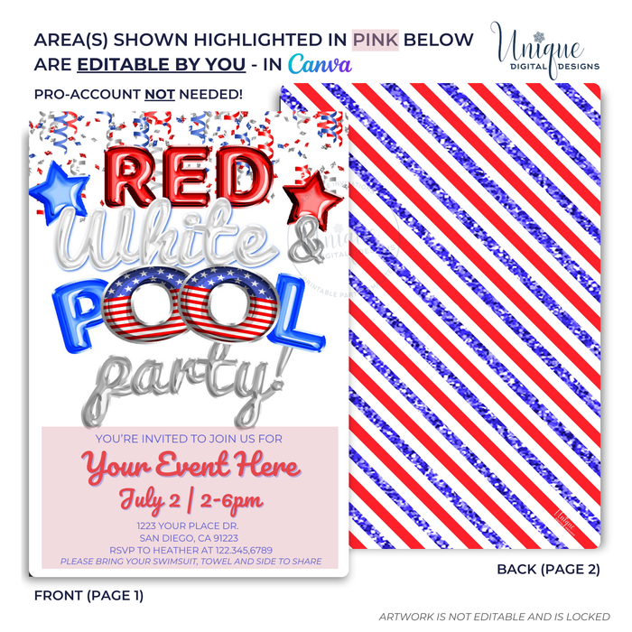 Editable Red white and pool party invite template on Canva