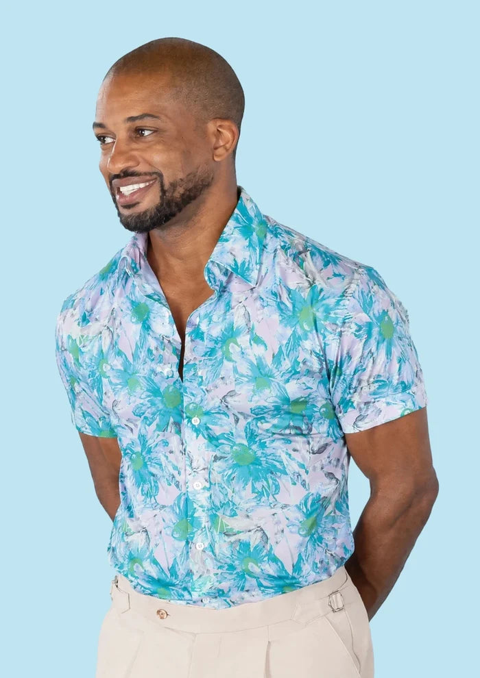 Aqua Daisy Silk Shirt - SARTORO