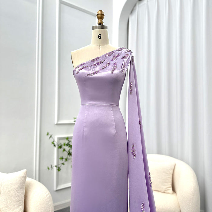 Arabic One Shoulder Lilac Dubai Evening Dresses with Cape Elegant SF545