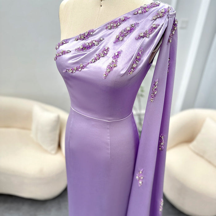Arabic One Shoulder Lilac Dubai Evening Dresses with Cape Elegant SF545