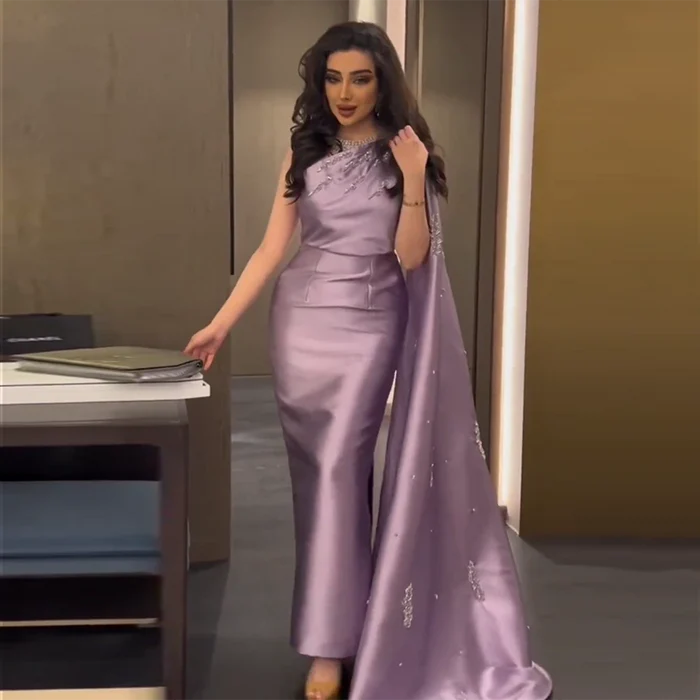 Arabic One Shoulder Lilac Dubai Evening Dresses with Cape Elegant SF545