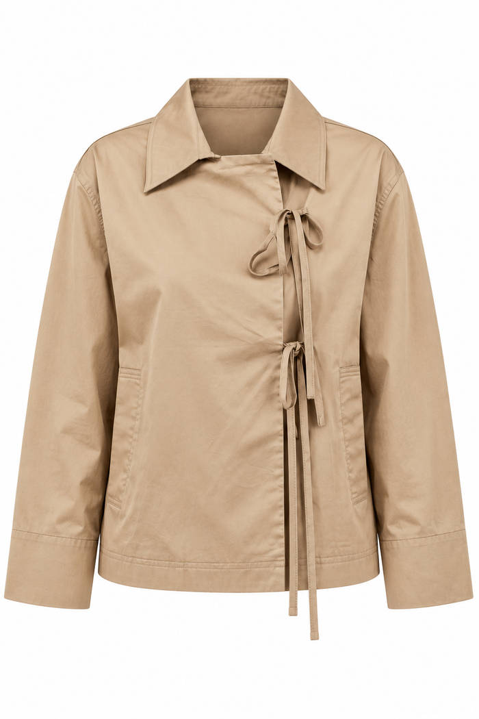 Around The City Khaki Collared Tie-Front Jacket