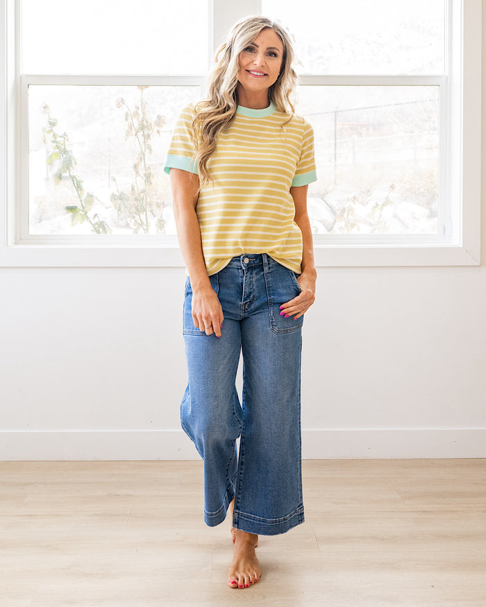 Asher Contrast Striped Cloud Knit Top - Mellow Yellow & Mint Tres Bien
