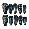 Azure Seraph handmade almond press on nails teal cat eye crackle mesh silver angel wing moon star rhinestone false nails