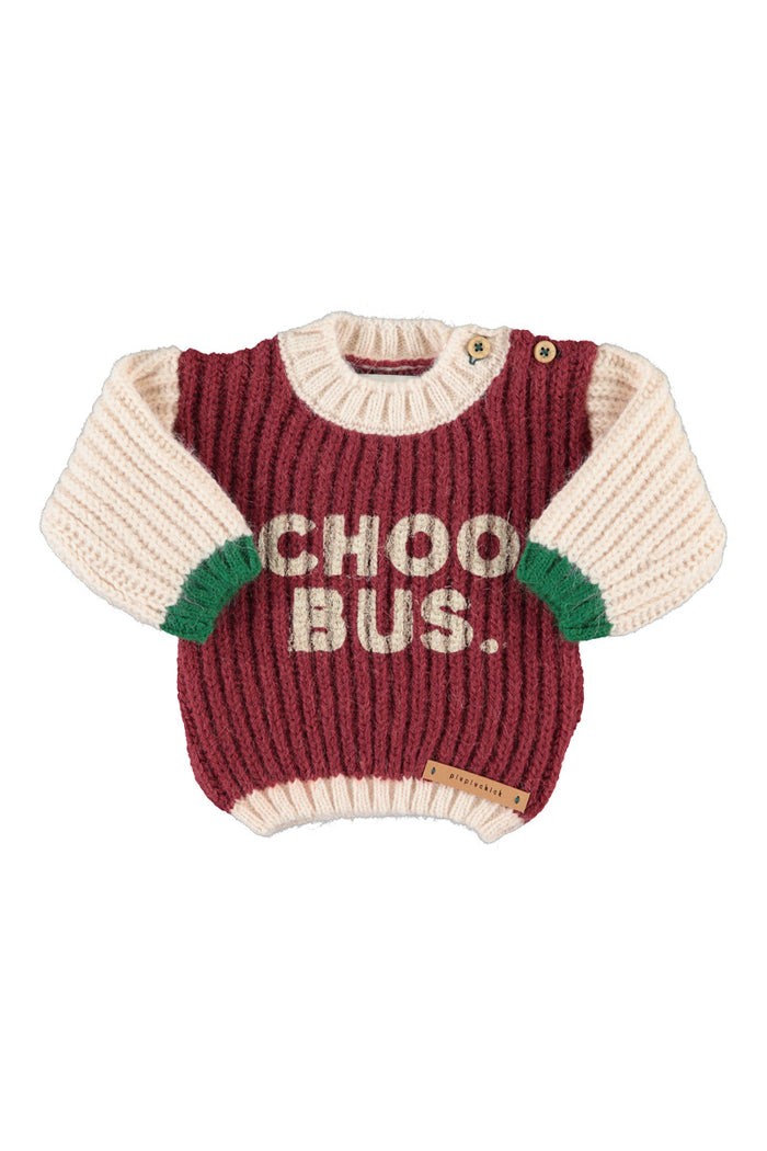 Baby Knitted Sweater Bordeaux & Ecru with "school Bus" Print
