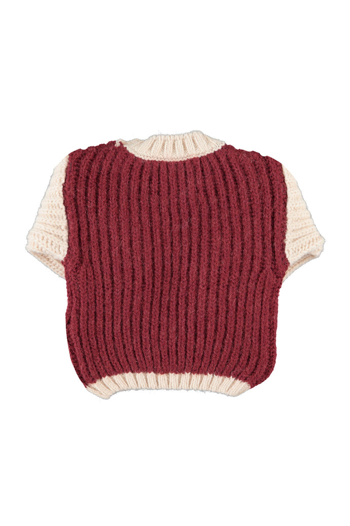 Baby Knitted Sweater Bordeaux & Ecru with "school Bus" Print