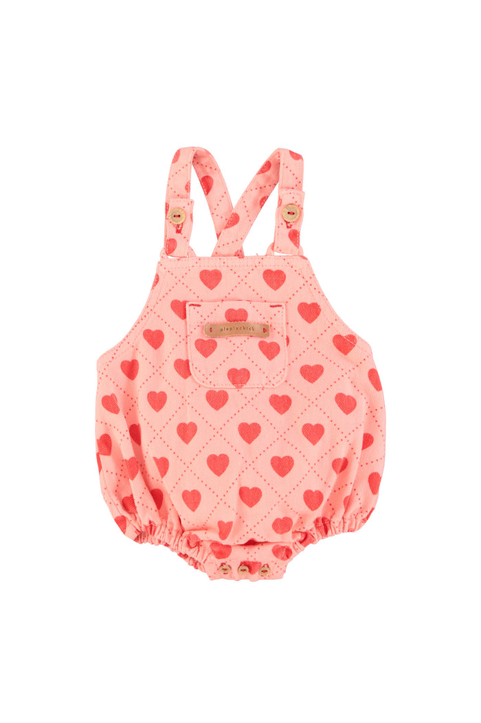baby romper | pink w/ red hearts allover