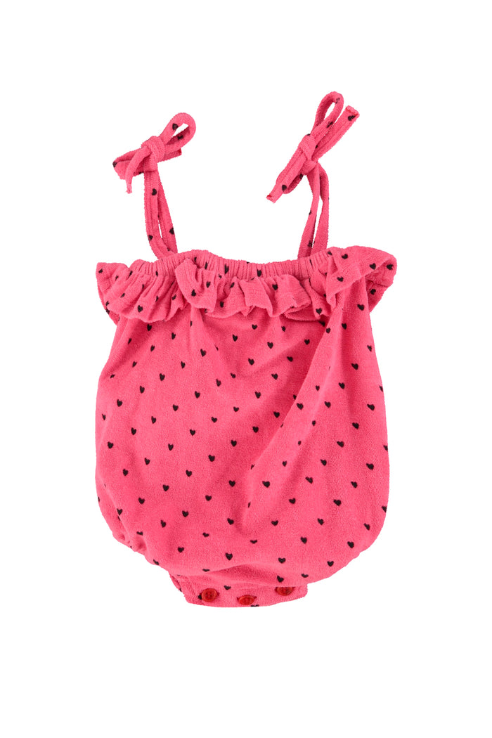 baby romper w/ ruffles | pink w/ black hearts allover