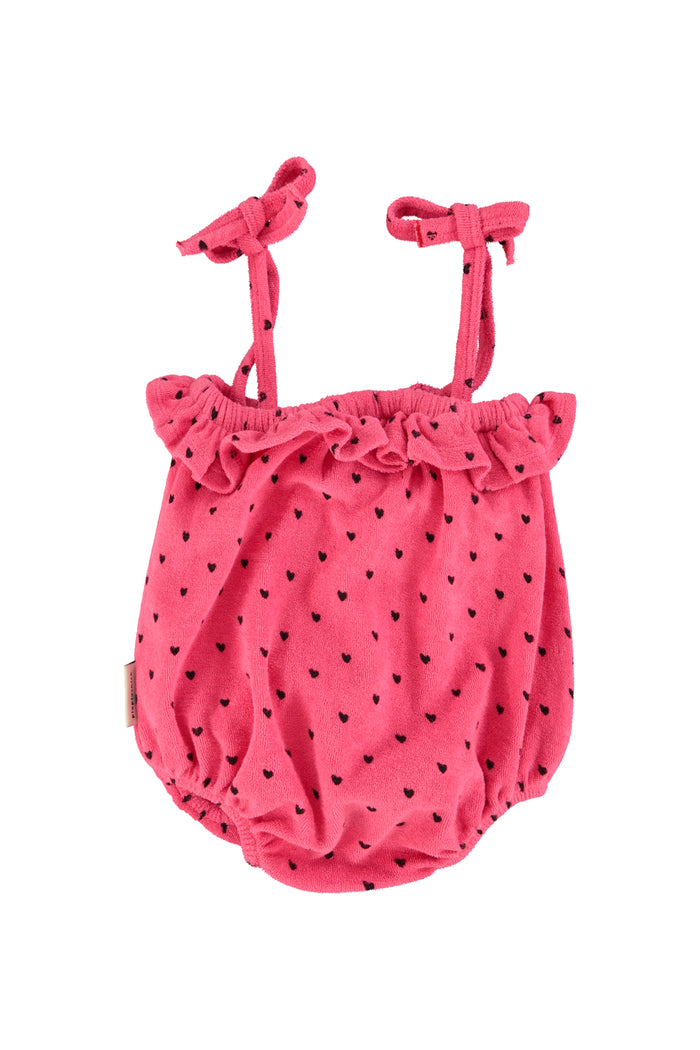 baby romper w/ ruffles | pink w/ black hearts allover