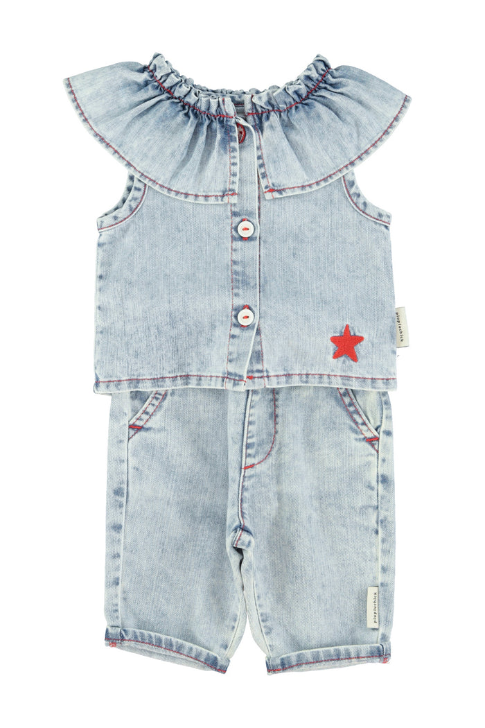 baby sleeveless blouse w/ collar | blue light denim