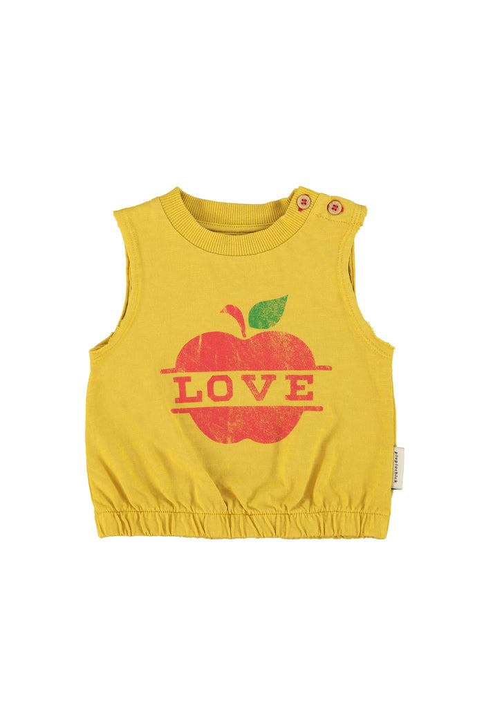 baby sleeveless top | mustard w/ apple print