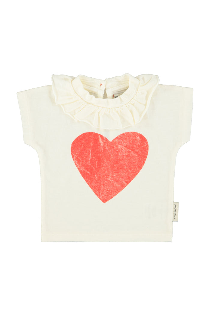 baby t-shirt w/ collar| ecru w/ red heart print