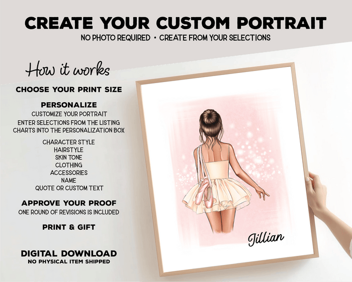 Ballerina Portrait Print, Half Body, Custom Digital Drawing - Scrap Bits