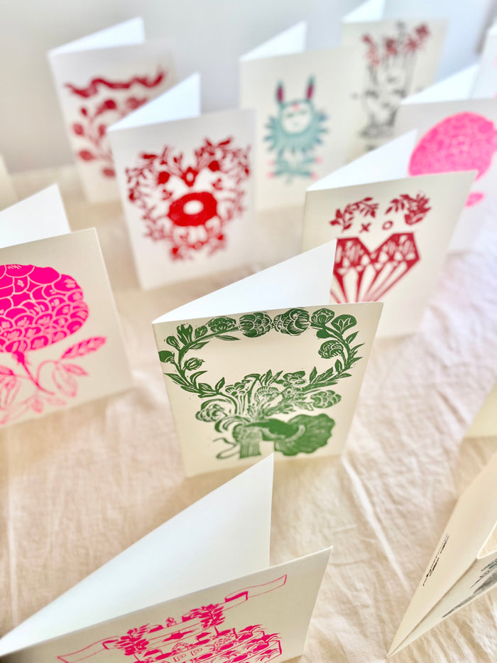 block print hand made card black and white bird with pink flowers 7.25" by 10" shown with other design options