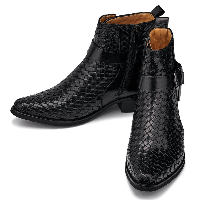Black Woven High-Top Ankle Buckle Zipper Boots - 3.3 Inches Taller - SARTORO