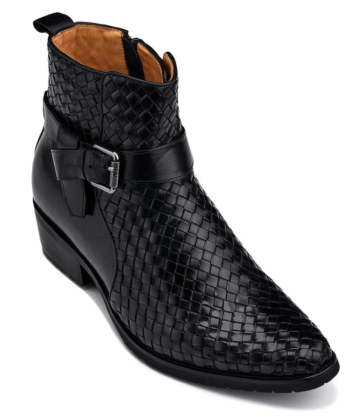 Black Woven High-Top Ankle Buckle Zipper Boots - 3.3 Inches Taller - SARTORO