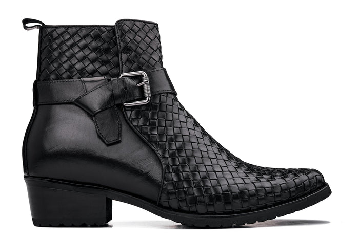 Black Woven High-Top Ankle Buckle Zipper Boots - 3.3 Inches Taller - SARTORO