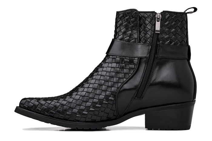 Black Woven High-Top Ankle Buckle Zipper Boots - 3.3 Inches Taller - SARTORO