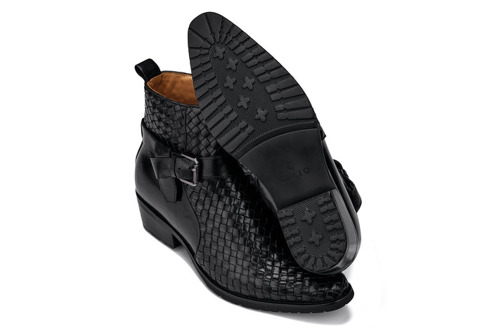 Black Woven High-Top Ankle Buckle Zipper Boots - 3.3 Inches Taller - SARTORO
