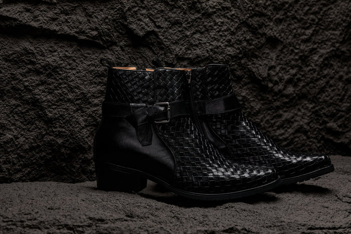 Black Woven High-Top Ankle Buckle Zipper Boots - 3.3 Inches Taller - SARTORO