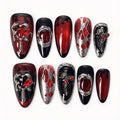 Blood Oath handmade almond press on nails, black red gradient blood drip French tip silver frame red gem gothic