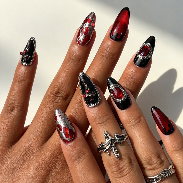 Handcrafted almond press on nails, romantic gothic Halloween blood drip nail design