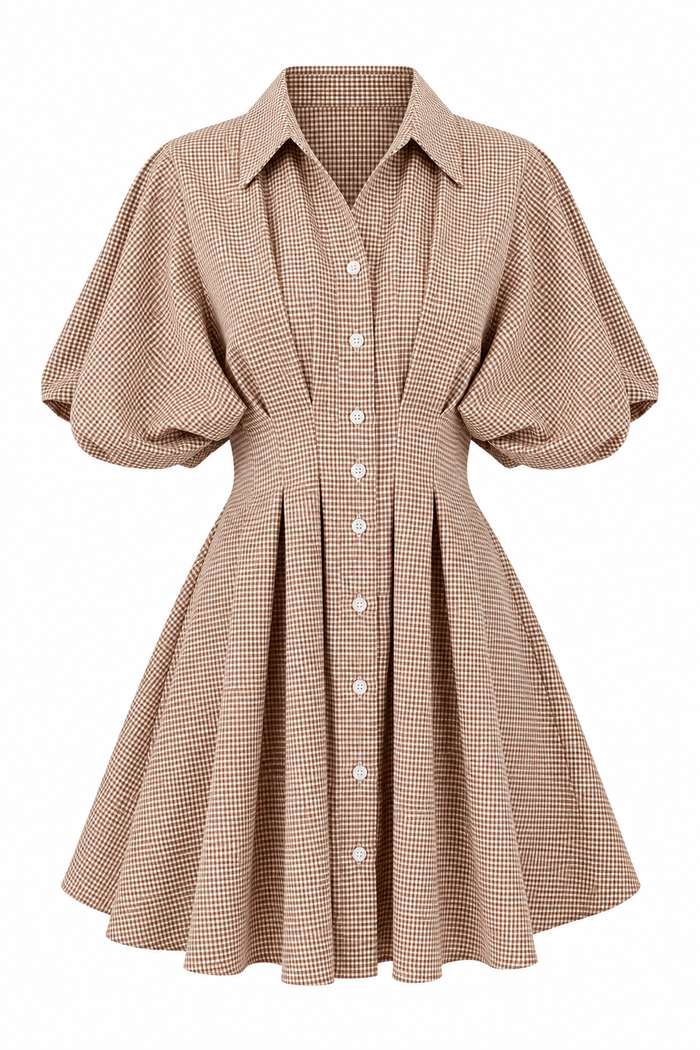 Bookshop Afternoon Taupe Plaid Mini Shirt Dress