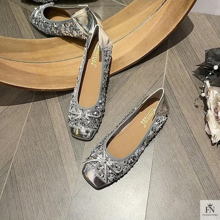 Bow Glittery Sequin Flats - Fashionnsio