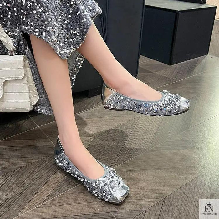Bow Glittery Sequin Flats - Fashionnsio
