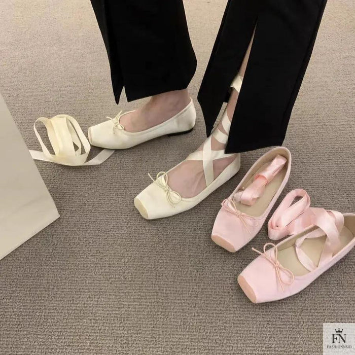 Bow Lace Up Ballet Flats - Fashionnsio