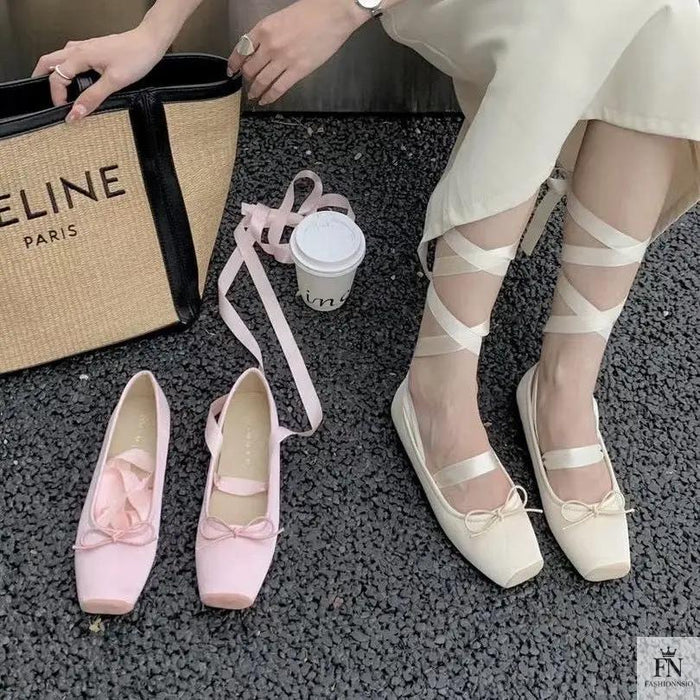 Bow Lace Up Ballet Flats - Fashionnsio