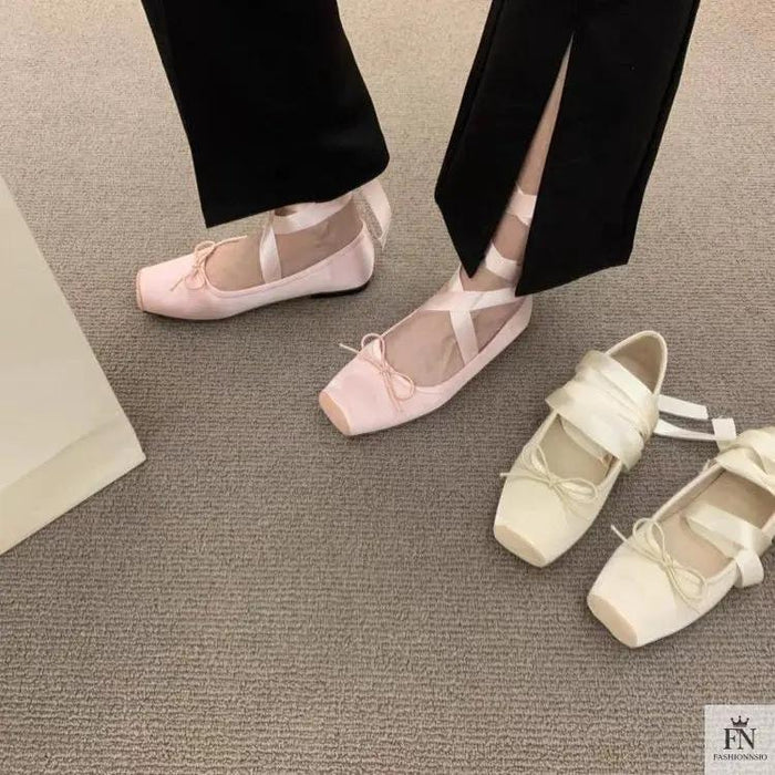 Bow Lace Up Ballet Flats - Fashionnsio