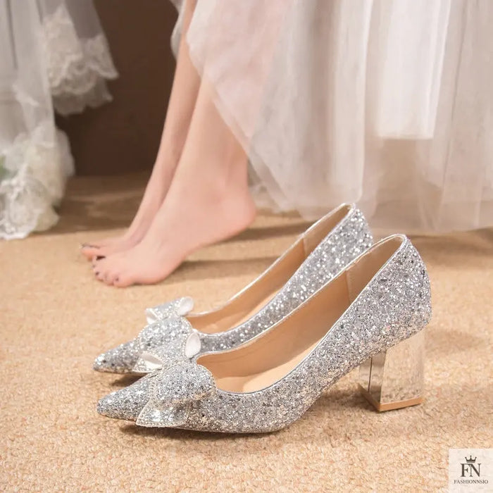 Bow Sequins Wedding Chunky Heels - Fashionnsio