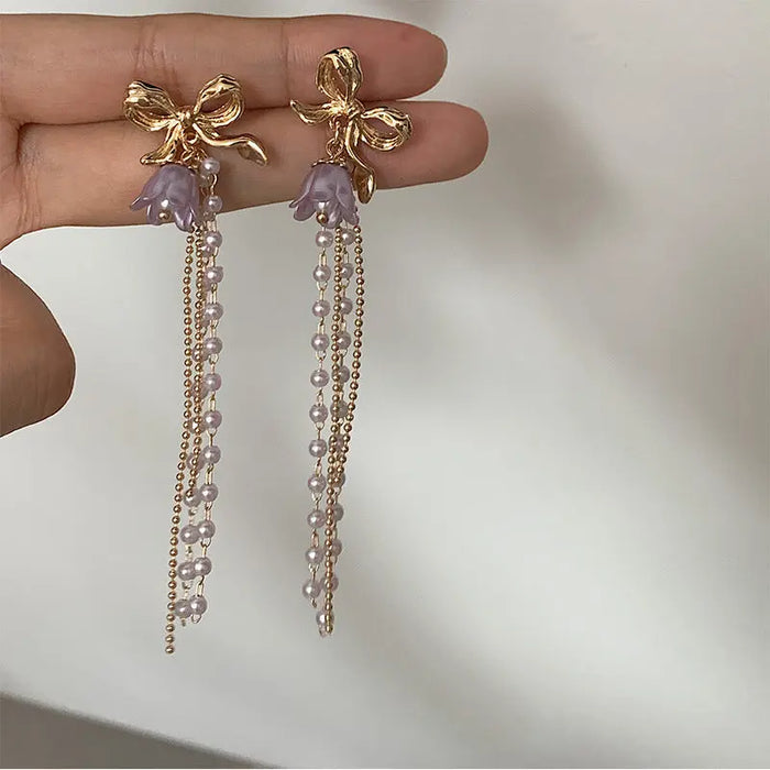 Bow Purple Tulip Pearl Earrings fashionnsio