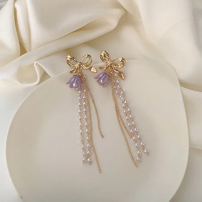 Bow Purple Tulip Pearl Earrings fashionnsio