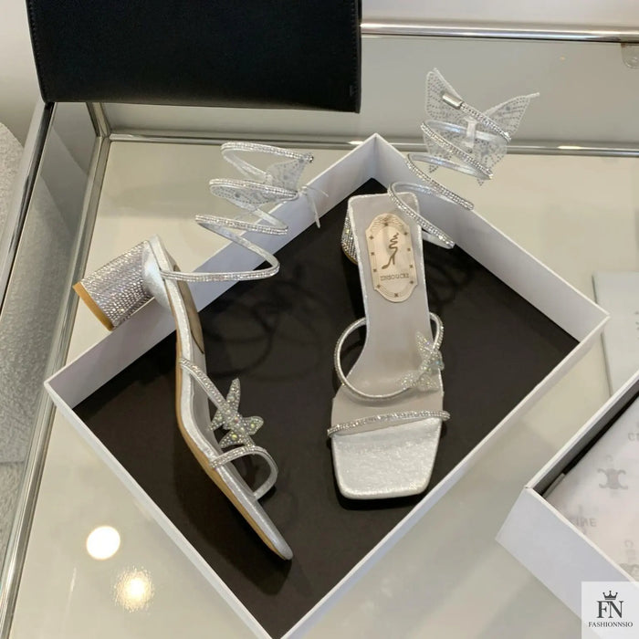 Butterfly Rhinestone Block Spiral Heels - Fashionnsio